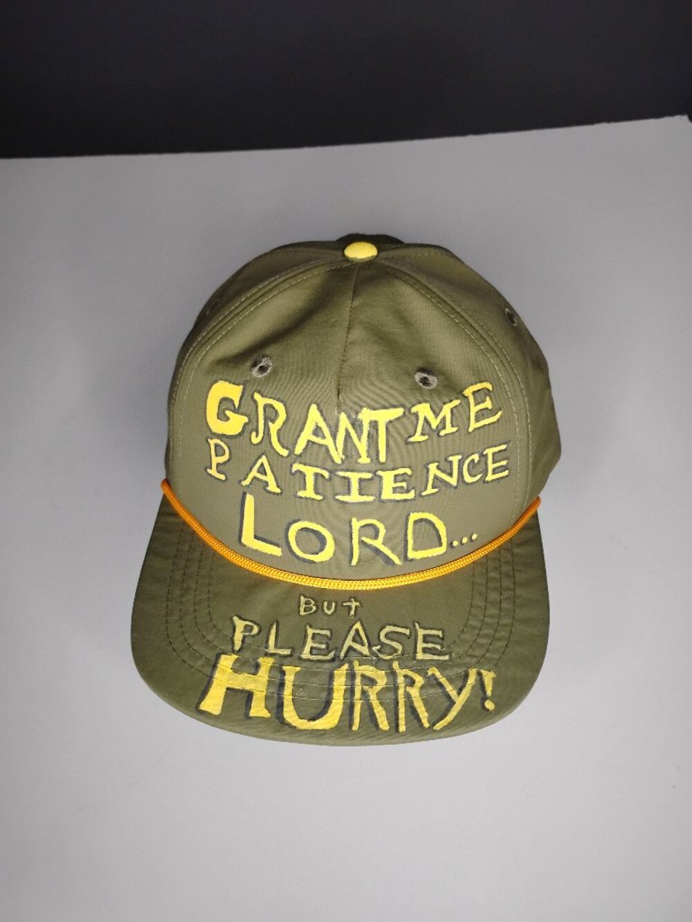 Grant Me Patience Lord... But Please Hurry! Hand Painted Green Cap Hat Christian